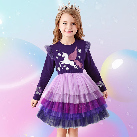 Long Sleeve Toddler & Girls Unicorn Birthday Party Layered Tutu Dress