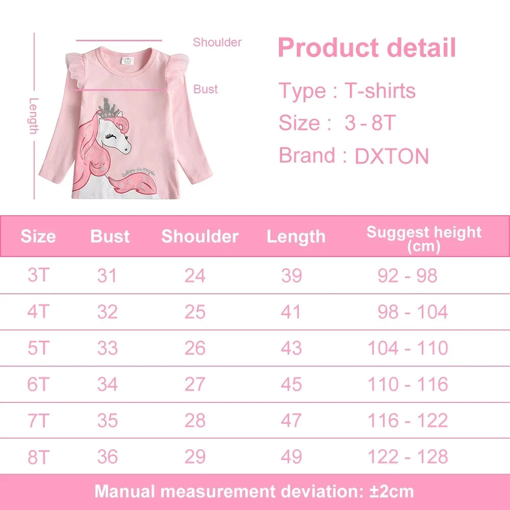 DXTON Spring Girls T-shirts Long Sleeve Girls Casual Tops Toddlers Cotton Tees Children Cartoon Unicorn Crown T shirts Outfits