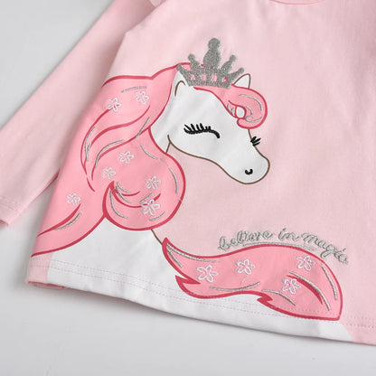 DXTON Spring Girls T-shirts Long Sleeve Girls Casual Tops Toddlers Cotton Tees Children Cartoon Unicorn Crown T shirts Outfits