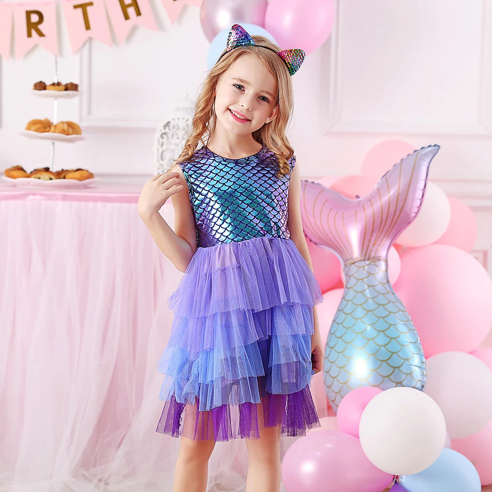 Mermaid Print Sleeveless Dresses Girls Birthday Party Gown