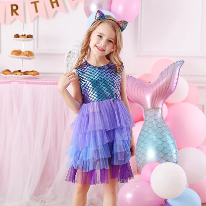 Mermaid Print Sleeveless Dresses Girls Birthday Party Gown