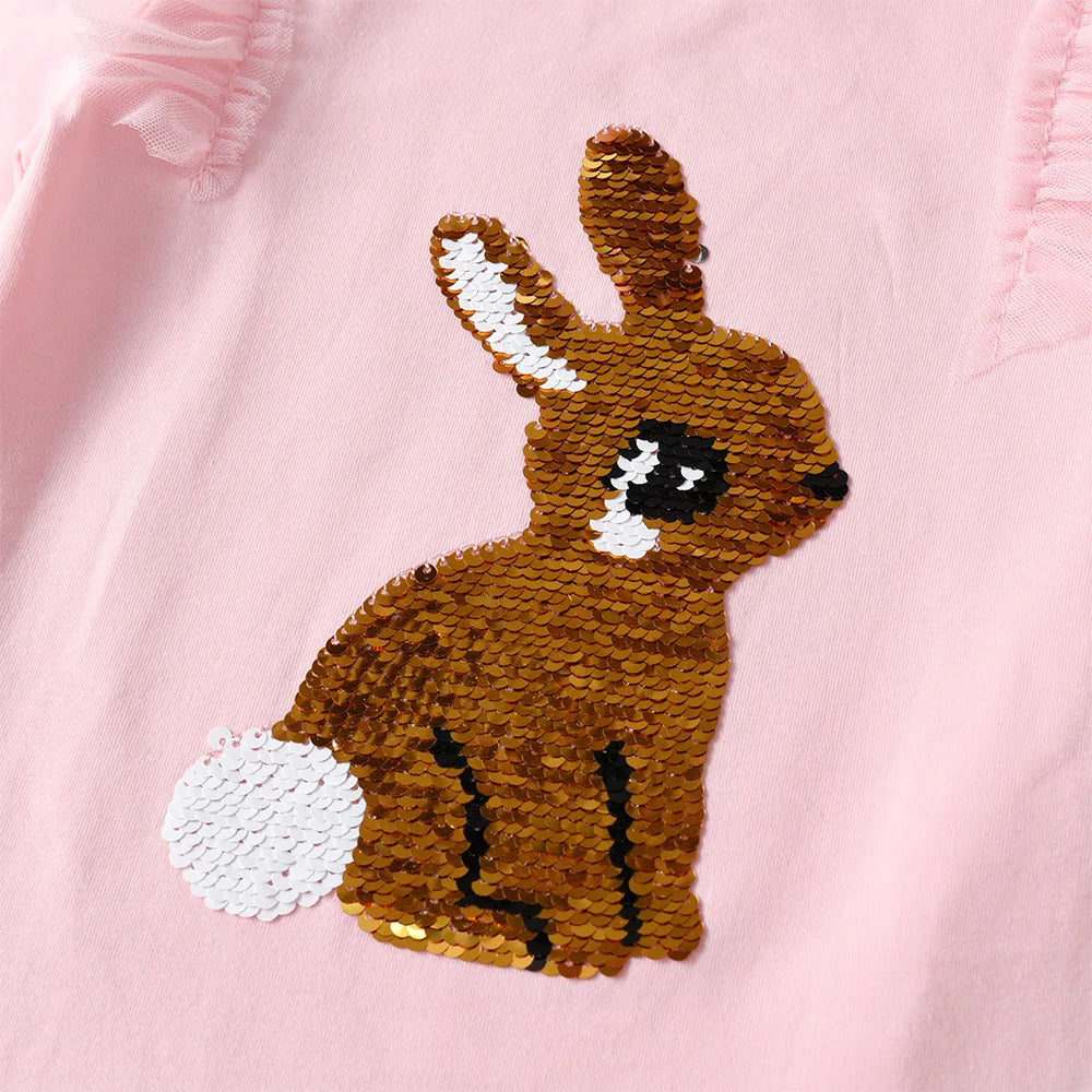 VIKITA Kids Long Sleeve T Shirt Kids Rabbit Sequined Appliqued Cartoon Pink T Shirts Girls Cotton Casual Tops and Tees Wear