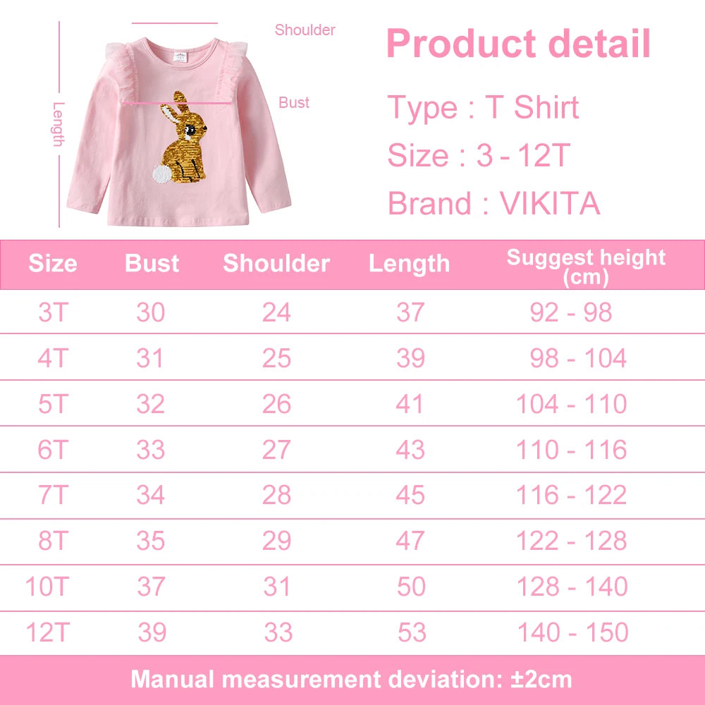 VIKITA Kids Long Sleeve T Shirt Kids Rabbit Sequined Appliqued Cartoon Pink T Shirts Girls Cotton Casual Tops and Tees Wear