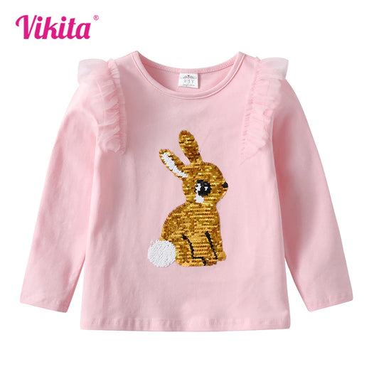 VIKITA Kids Long Sleeve T Shirt Kids Rabbit Sequined Appliqued Cartoon Pink T Shirts Girls Cotton Casual Tops and Tees Wear