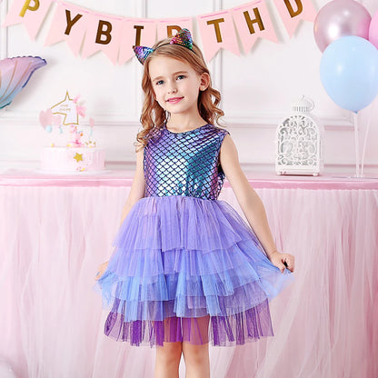 Mermaid Print Sleeveless Dresses Girls Birthday Party Gown