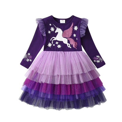 Long Sleeve Toddler & Girls Unicorn Birthday Party Layered Tutu Dress