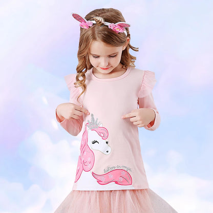 DXTON Spring Girls T-shirts Long Sleeve Girls Casual Tops Toddlers Cotton Tees Children Cartoon Unicorn Crown T shirts Outfits