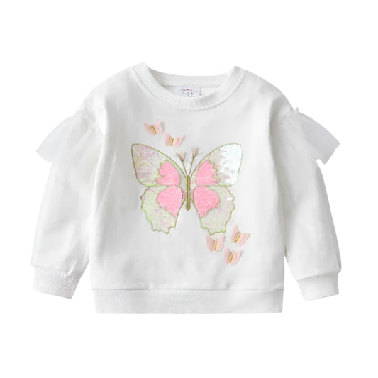 Toddler & Girls Cotton Casual Sports Sweatshirt Butterfly Sequined Appliqued Flare Sleeve