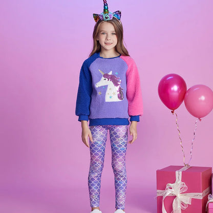 Toddler & Girls Autumn Unicorn Warm Fleece Sweatshirts and Mermaid Print Pants Set