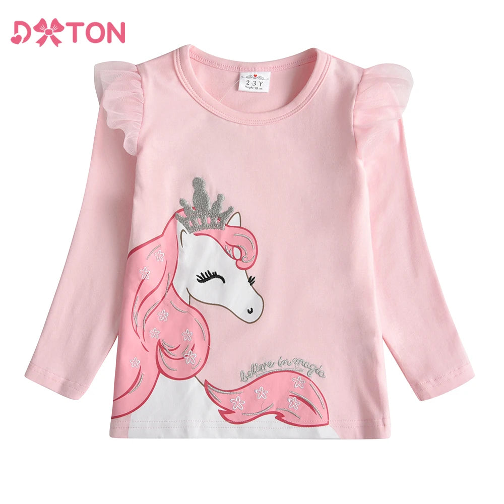 DXTON Spring Girls T-shirts Long Sleeve Girls Casual Tops Toddlers Cotton Tees Children Cartoon Unicorn Crown T shirts Outfits