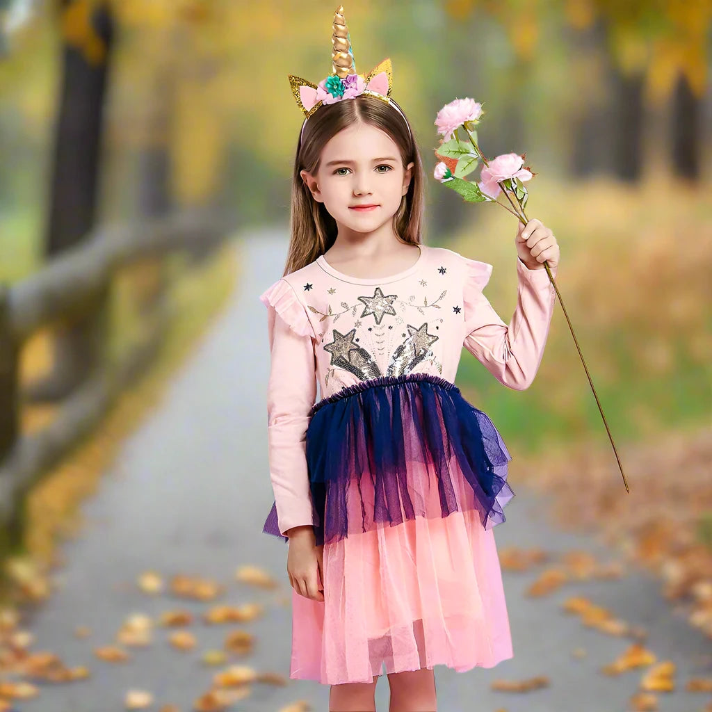 Pink Dress Toddler & Girls Long Sleeve Autumn Dress Sequins Appliqued