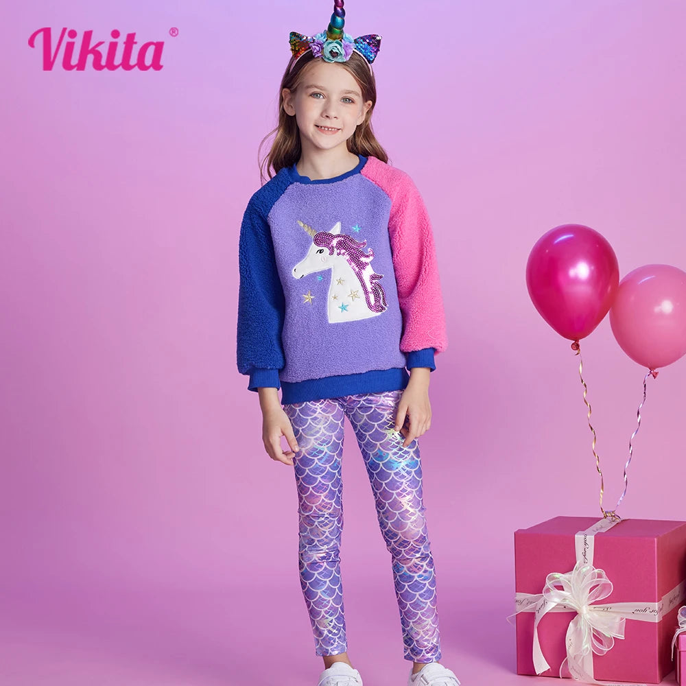 Toddler & Girls Autumn Unicorn Warm Fleece Sweatshirts and Mermaid Print Pants Set